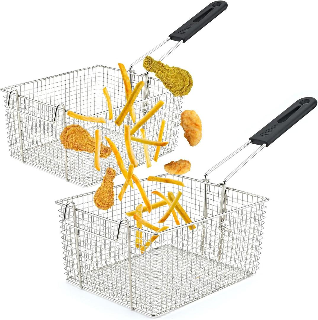 Electric Fryer Basket for Frying Serving Food, with Rubber Handle Grip, 7.2" x 8.3" x 4.3" Heavy Duty Construction Suitable for fry chicken, fish, french fries, (2 Pcs)