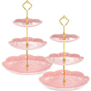 Tanlade 2 Pcs Porcelain Cupcake Stand 3 Tier Serving Tray Dessert Tiered Tea Party Plates Embossed 3 Tier Cake Stand High Tea Elegant Stand Cupcake Platter for Wedding Birthday(Pink)