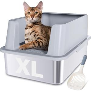 XL Stainless Steel Litter Box, Extra Large High Sided Metal Cat Litter Box with Lid and Scooper, Easy Clean, Non Stick & No Smell