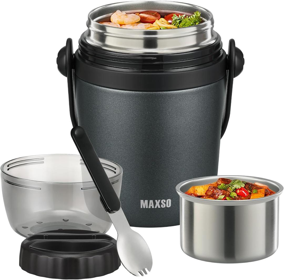 MAXSO Soup Thermo for Hot Food 32 OZ Lunch Container for Adults Vacuum Insulated Stainless Steel Tritan Food Jar Leakproof Wide Mouth Bento Box with Spoon - Grey