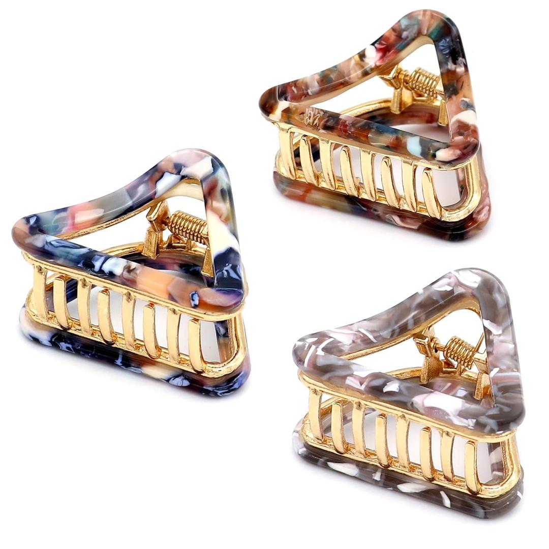 Cobahom Mini Acetate Claw Clips for Thick Hair - 3 Pcs Hollow Triangle Hair Clips for Women and Girls (Blue + Pink + Gray) 1.7 Inch