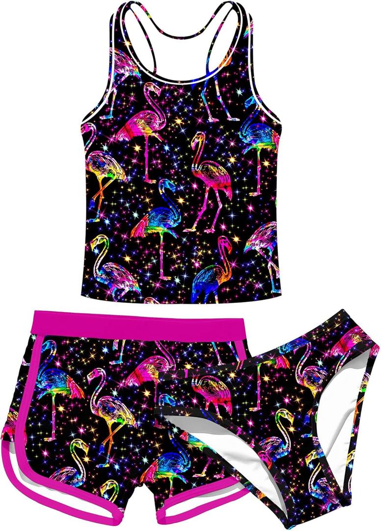 Enlifety 8-18T Kids Girls Swimsuit 3 Piece Bathing Suit Tankini with Shorts (11-12 Years, Flamingo)