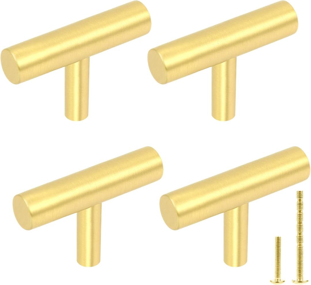 Yiking 4 Pack Solid Brass Cabinet Pulls, Gold T Bar Drawer Handles, Modern Kitchen Cabinet Hardware for Dresser, Cupboard and Bathroom Vanity, 2 Inch