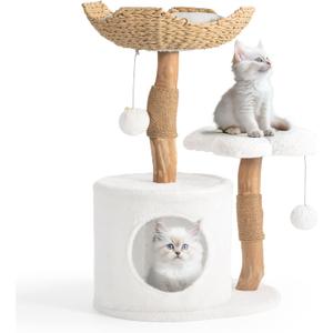 Easyego Modern Cat Tree, 26.3" Aesthetic Wood Cat Tree Tower for Large Cats, Luxury Cat Condo with Scratching Posts and Flower Platforms, Cat Furniture, Pure White