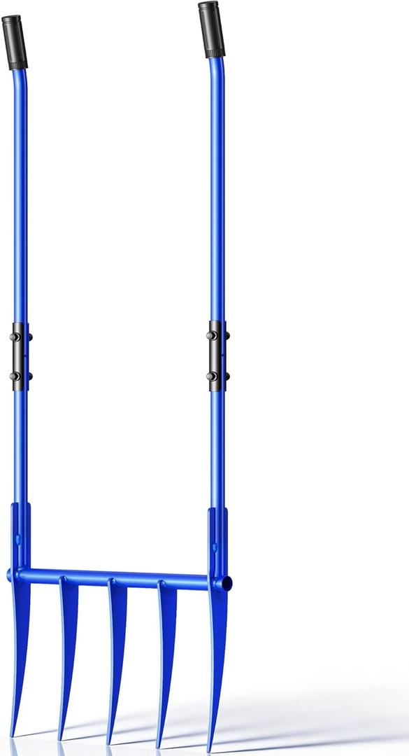 56'' Heavy Duty Broadfork for All the Soils, Unbreakable Design Pitchfork, 5 Sharp and Cambered 11'' Tines Bord Fork Garden Tool, Ergonomic Handles, Good Package, Easy Assembly, Blue