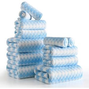 12 Pcs Blue White Diamond Towel Set-4 Bath Towels,4 Hand Towels,4 Washcloths Soft Polyester Towels with Loop Absorbent Shower Towel Quick Dry Beach Chair Towel Family Towels for Bathroom Spa Gym Pool