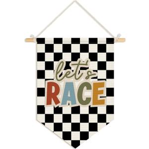 Wheatwin Toddler Boys Room Decor, Race Car Playroom Wall Decor for Kids Nursery Bedroom, Let's Race Black Checkered Wall Hanging Pennant Flag Banner, 15x11 Inch