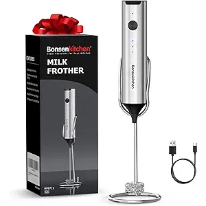 Bonsenkitchen Rechargeable Milk Frother with Stand, Handheld 3Speed Coffee Frother, Dual Spring Whisk Electric Hand Frother Wand Drink Mixer for Matcha Lattes Cappuccino, Kitchen Gifts