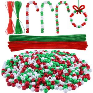Livder Christmas Beaded Ornament Kit, Include 1000 Pieces Red Green White Plastic Beads, 60 Pieces Chenille Stems, 64 Feet Ribbon for Xmas Wreath Tree Decorations DIY Crafts Jewelry Making (Small)