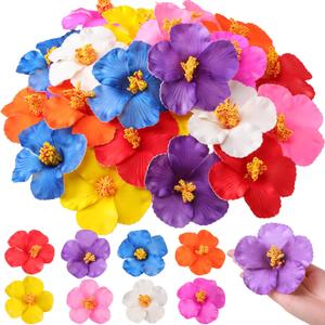 Hotop 24 Pcs Artificial Hibiscus Flowers Colorful Hawaiian Fake Flowers Faux Tropical Hibiscus Decoration for Luau Summer Party Decor DIY Crafts Cake Favors Supplies Table Centerpieces