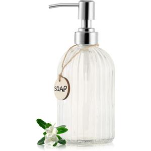 MOCLIF 16 OZ Soap DispenserTempered Glass Clear Vertical Stripe with 304 Rust Proof Stainless Steel Pump Refillable Liquid Hand Soap Dispenserfor Bathroom, Kitchen, Dish SoapLotion (Clear) (White)
