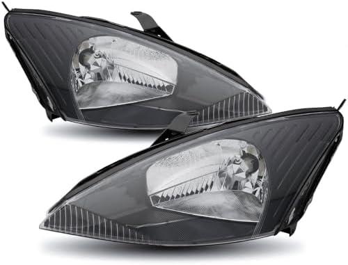 Headlights Assembly Compatible with 2000-2004 Ford Focus Halogen Head Lights, Black Housing