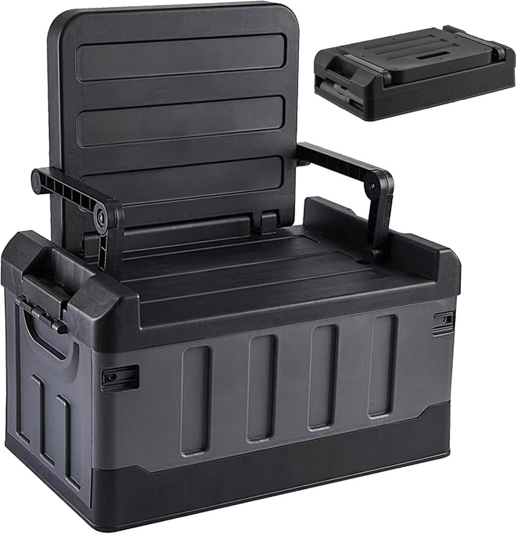 Versatile Foldable Seatable Camping Box Car Organizer Heavy Duty Storage Bins With Lids Box Trunk,Durable Plastic,60L Can Store Clothes, Toys Camping Equipment in Large Capacit (Black)
