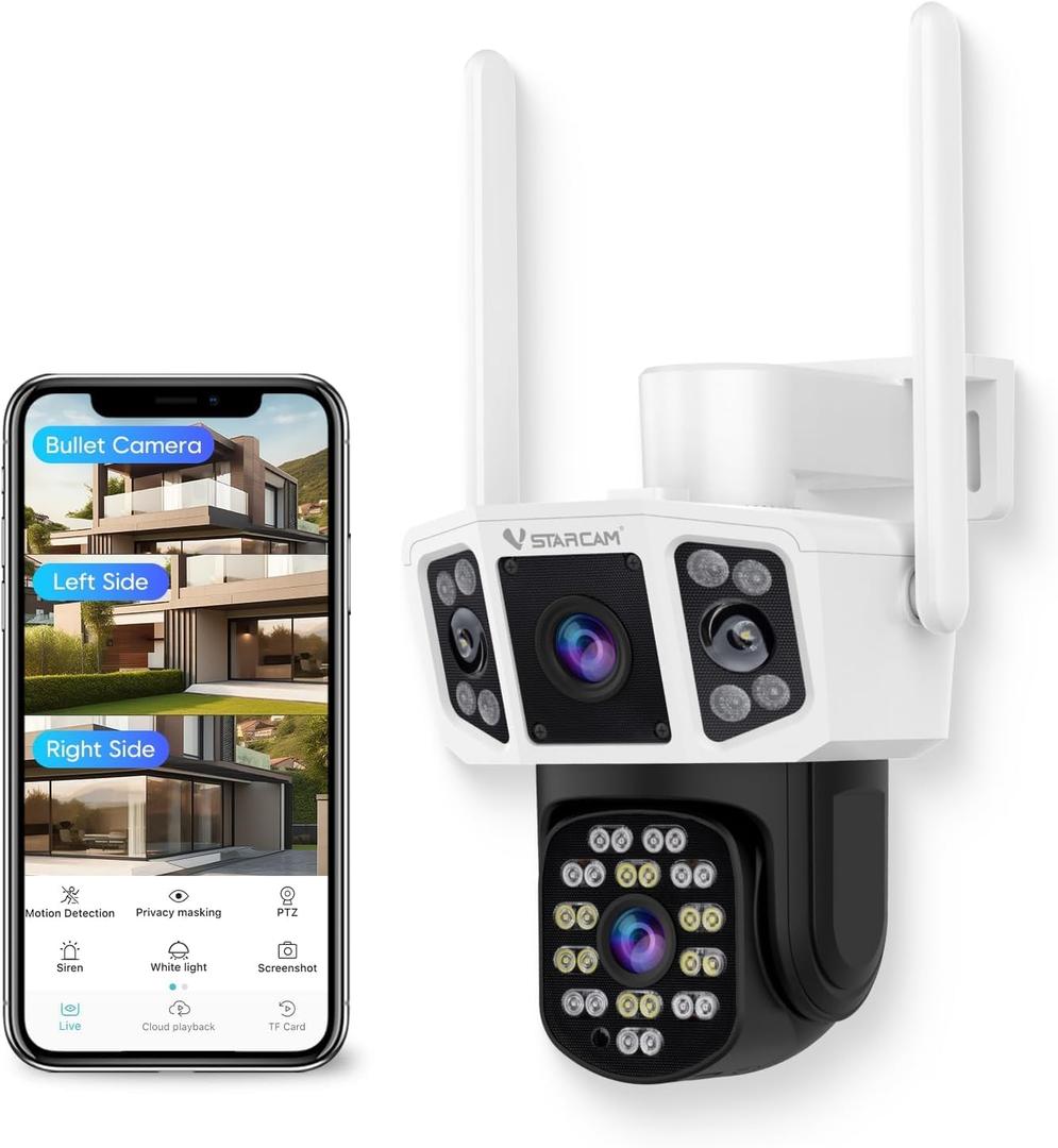 VSTARCAM Outdoor Security Camera Wireless, 2K Dual-Lens with 3-Way Display, 360 View, Color Night Vision, PIR Motion Detection, Spotlight Siren Alarm, 2-Way Talk, IP66 Weatherproof, Cloud/SD Storage