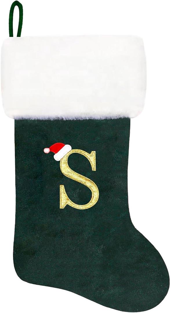 Eoocan 20 Inches Monogram Christmas Stockings Green Velvet with White Super Soft Plush Cuff Embroidered Xmas Stocking Classic Personalized Stocking Decoration for Family Holiday Season Decor(Letter S)