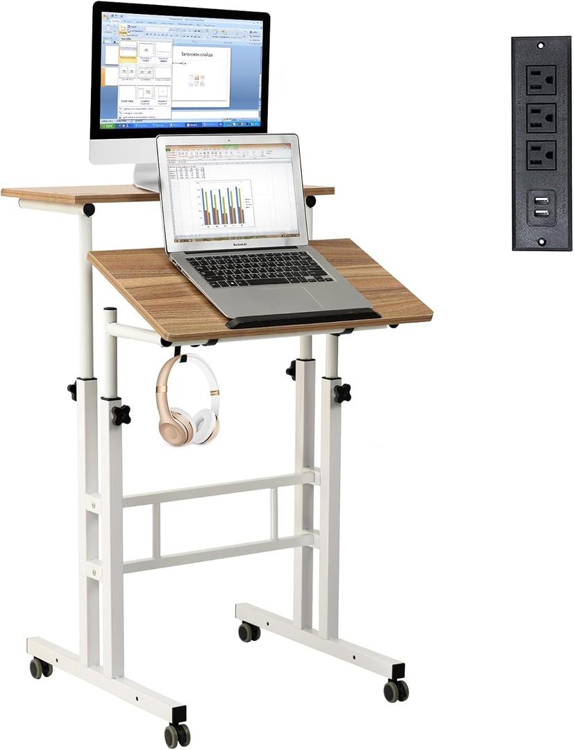 Hadulcet Mobile Standing Desk with Charging Station, Adjustable Computer Desk, Laptop Cart with Wheels for Home Office, Classroom - Vintage Oak (Upgrade, Vintage Oak)