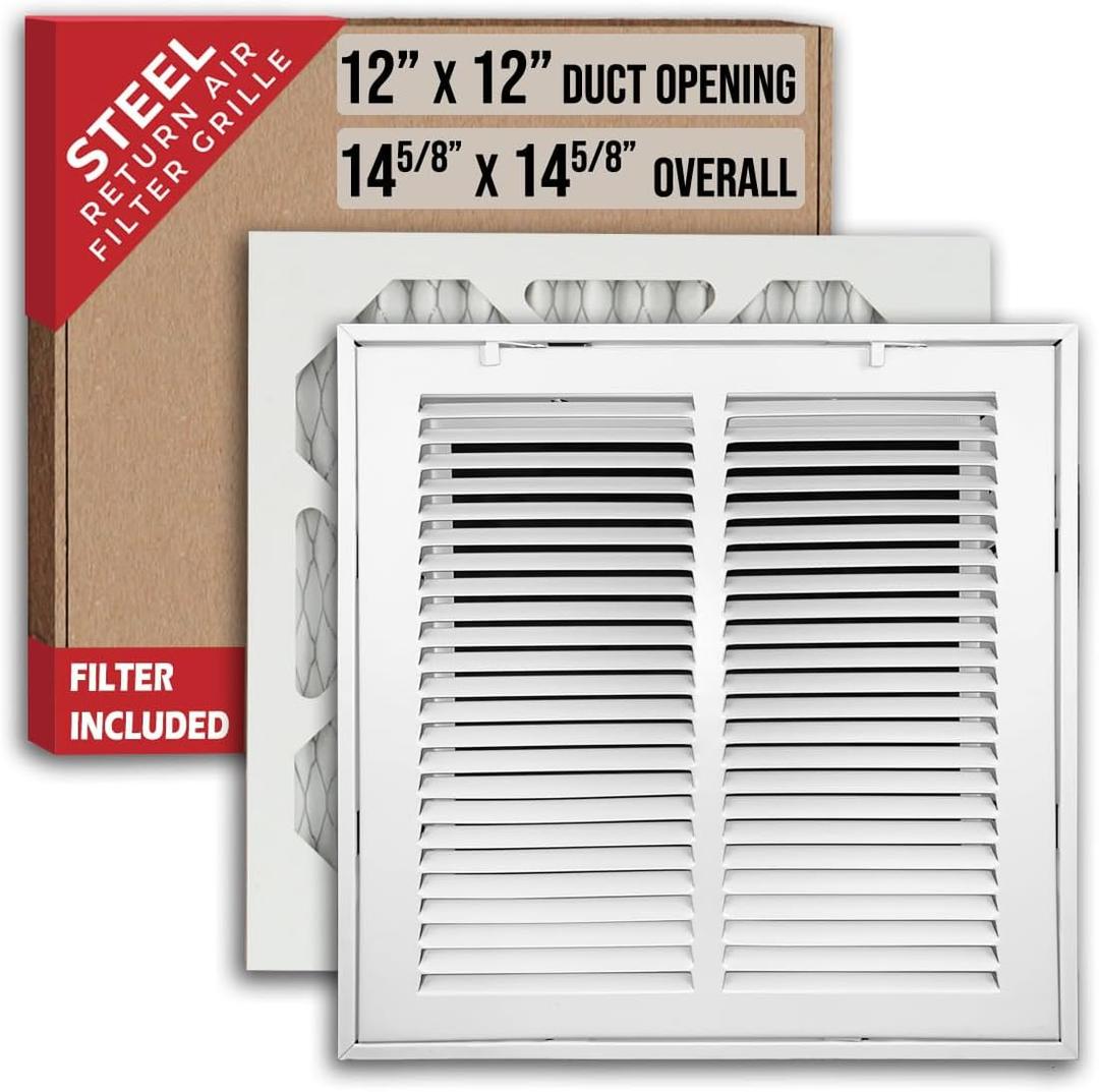 Fits 12x12 Duct Opening | Filter Included Steel Return Air Filter Grille by Handua [Removable Door] for 1-inch Filters | Vent Cover Filter Grill | White | Outer Dimensions: 14 5/8"W X 14 5/8"H
