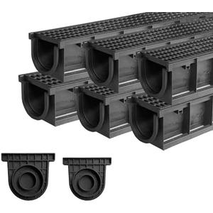 Natotela Deep Profile HDPE Trench Drain-39.4Lx6.1Wx5.5H in. Channel Drain with Grates,6 Pack Total Length 236.22 in, Plastic Yard Drainage System for Outdoor,Downspout,Yard Fence,Pool,Sidewalk,Patio