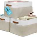 OrganiHaus Extra Large Fabric Storage Baskets for Shelves 3 Pack, 16x13in Closet Storage Bins for Shelves, Canvas Baskets for Organizing, Linen Closet Organizers, Cloth Basket, Beige/Off-White