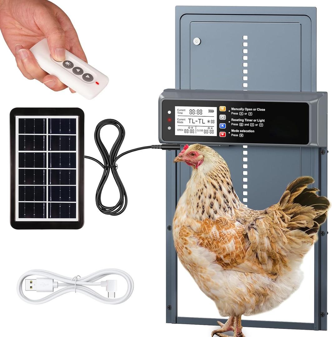 Automatic Chicken Coop Door Solar Powered, LCD Display Automatic Chicken Door with Timer & Light Sensor Mix 4Modes, Aluminum Alloy Chicken Door, Range 20M Remote Control Solar Chicken Coop Door (Blue)