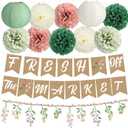 Mooliwe 14 Pcs Bridal Shower Decorations Sage Green Bachelorette Party Decorations Fresh off the Market Banner Wildflower Garland Paper Lanterns for Wedding Bachelorette Engagement Party Supplies
