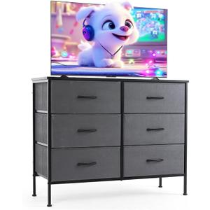 Sweetcrispy Dresser TV Stand, Console Table with 6 Wide Drawers, Entertainment Center for 55" TV Storage Fabric Dresser Drawer for Living Room, Bedroom, Entryway (13.8"D x 38.2"W x 30"H (6 Drawers), Dark Grey)
