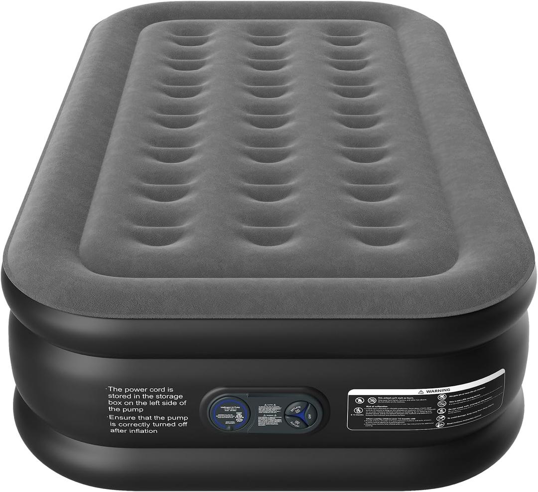 Air Mattress Twin with Built in Pump 16", Colchones Inflables in 2 Mins Luxury Air Bed for Guests, Self Inflating Air Mattress in Camping (16 Inches - Black & Grey)