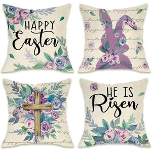 Fahrendom Happy Easter Bunny Christian Decorative Throw Pillow Covers 18 x 18 Set of 4, Religious He is Risen Cross Rabbit Porch Outdoor Pillowcase, Spring Purple Rose Flower Cushion Case Home Decor
