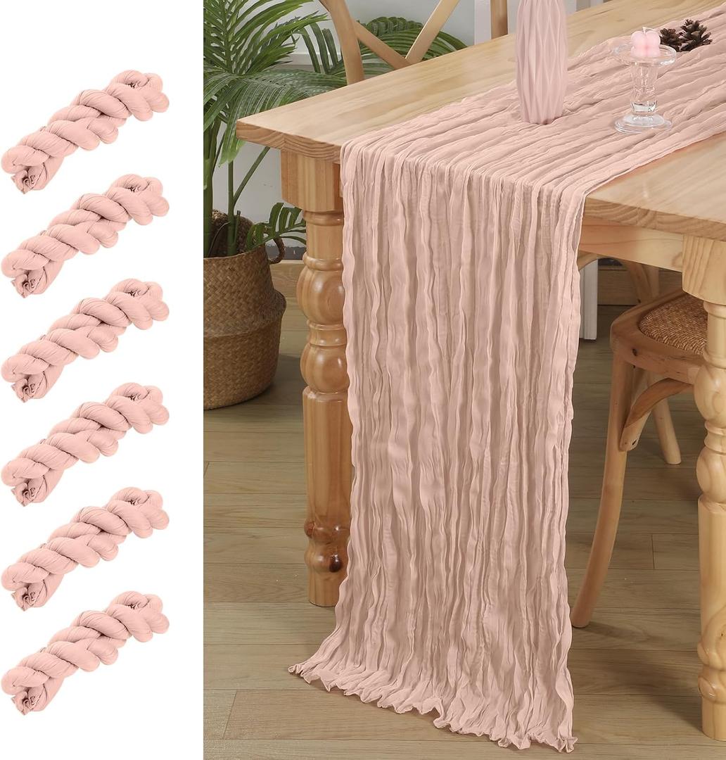 6 Pack Pink Cheesecloth Table Runner 120 Inch 10 FT Boho Gauze Dusty Pink Cheese Cloth Table Runner for Bridal Baby Shower Wedding Birthday Party Holiday Centerpiece for Home Decorations