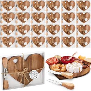 Patelai 24 Set Bridal Baby Shower Favor Heart Cheese Board with Knife, Wood Mini Charcuterie Board Thank You Gift Box for Guest Bridal Baby Shower Prize Wedding Valentines Birthday (Acacia Color)