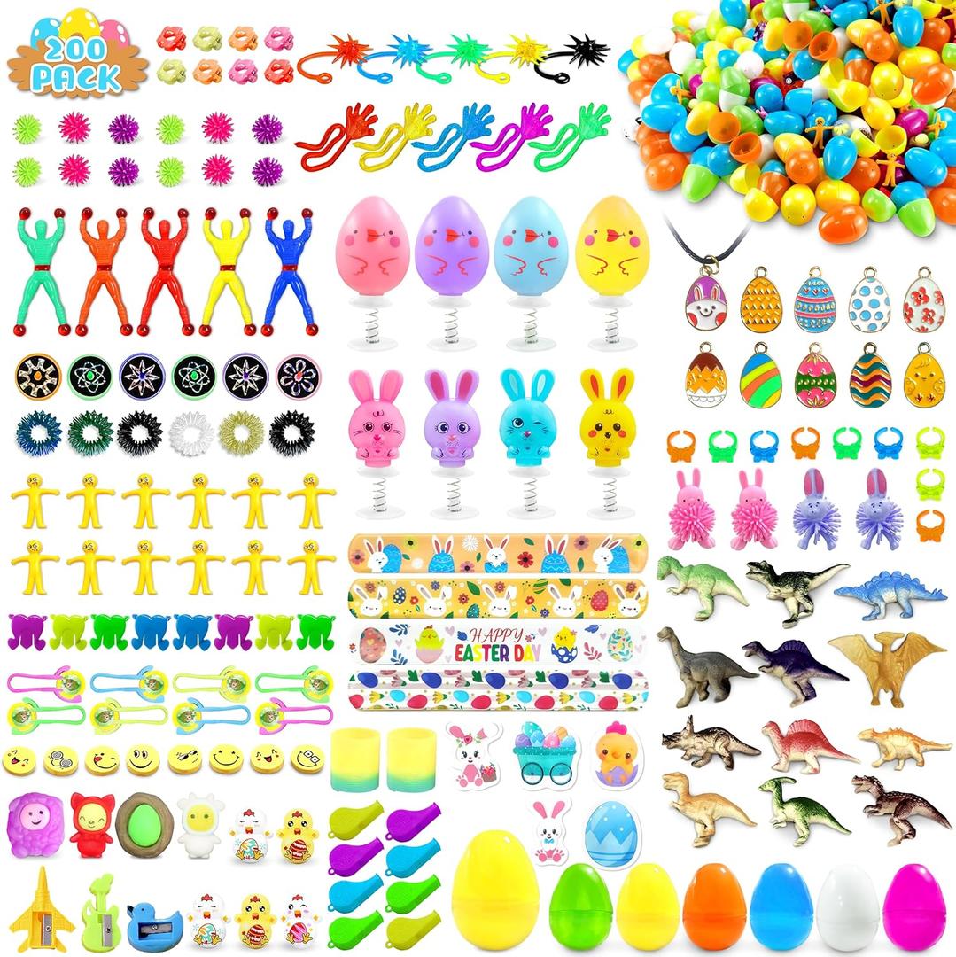 LINAYE 200 Packs Prefilled Easter Eggs with Toys Inside  Pre Filled Stuffed Easter Eggs for Hunt, Basket Stuffers, Party Favors Gifts for Kids Toddler
