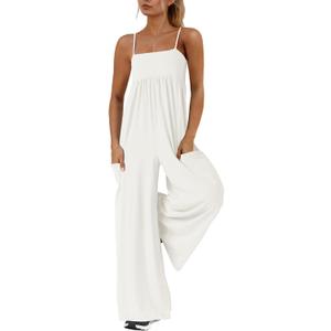 Yanekop Womens Overalls Loose Fit Spaghetti Strap Wide Leg Jumpsuit Summer workout One Piece Jumpsuits with Pockets(Cream,M)