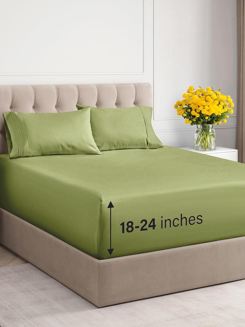 CGK Unlimited Extra Deep Twin- 4 Piece Breathable & Cooling Sheets- Hotel Luxury Bed Sheets Set- Easy Fit- Wrinkle Free & Comfy Sheets Set- Light Olive Green