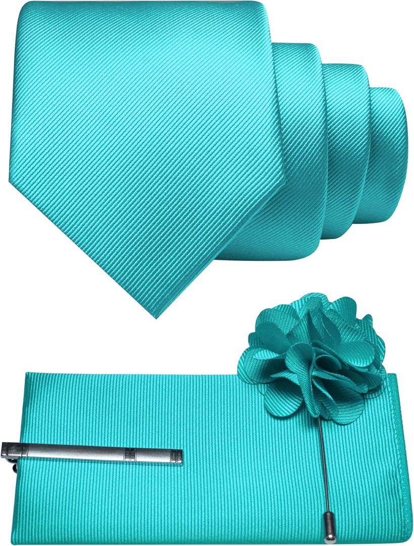 JEMYGINS Formal Necktie Solid Color Tie and Pocket Square with Tie Clip Lapel Pin Sets for Men 4PCS (Turquoise)