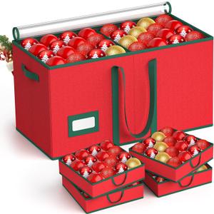 Christmas Ornament Storage Box Store 128 Ornaments, Xmas Ornament Organizer Storage box with Dual Zipper Closure and Adjustable Dividers, Large Holiday Decorations Containers with 8 Individual Trays (Red)