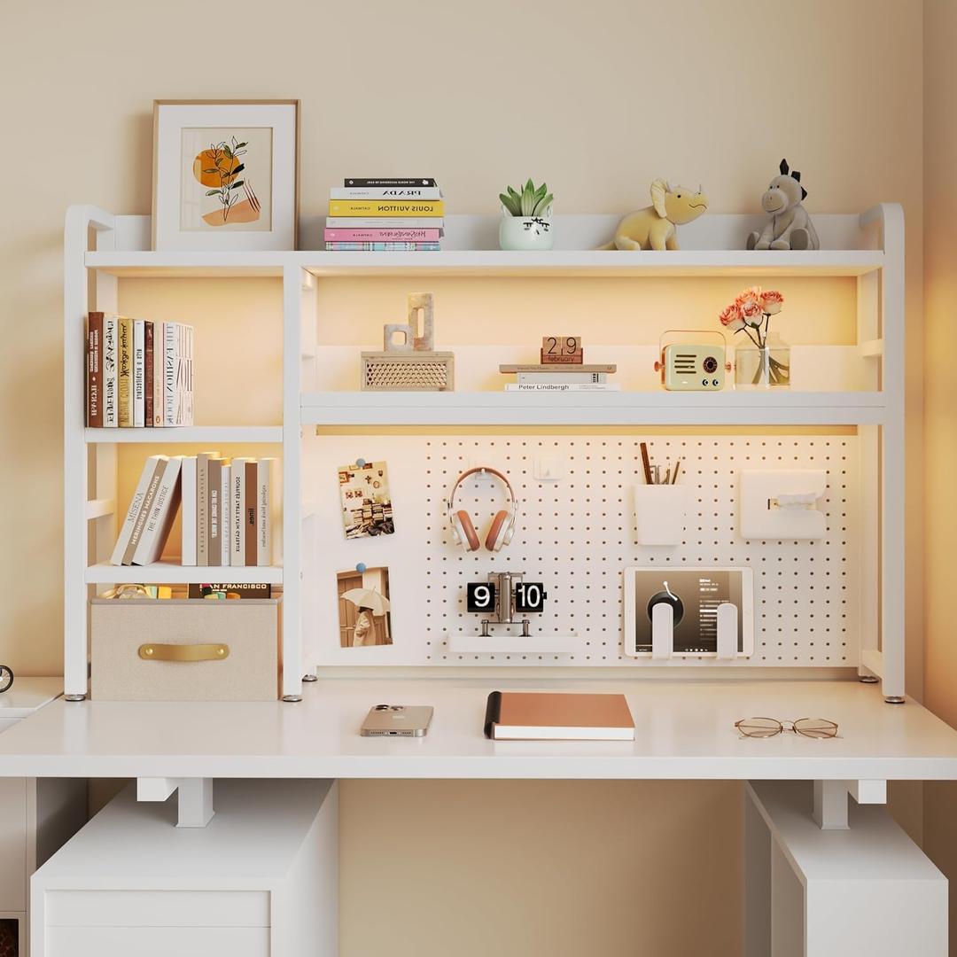 Desktop Hutch Bookshelf, 4-Tier Metal Desk Shelf for Top of Desk | Heavy Duty Countertop Organizer Rack with Peg Board & Accessories Space-Saving Storage for Dorm, Office & Home