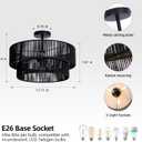 Black Boho Light Fixtures Ceiling Mount 18'' Coastal Hemp Rope Semi Flush Mount Ceiling Light Fixture 3-Light Rattan Light Fixtures with 2-Tier Drum Shade for Dining Room Kitchen Entry