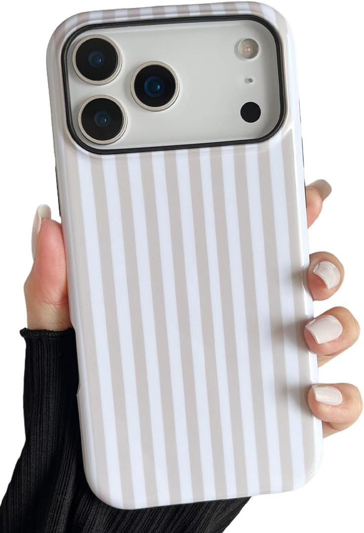 Longlayss Compatible with iPhone 17 Pro Max Case Cute Aesthetic Striped Phone Case for Women Girl Shockproof Slim TPU and Hard PC Protective Cover (Antique White)