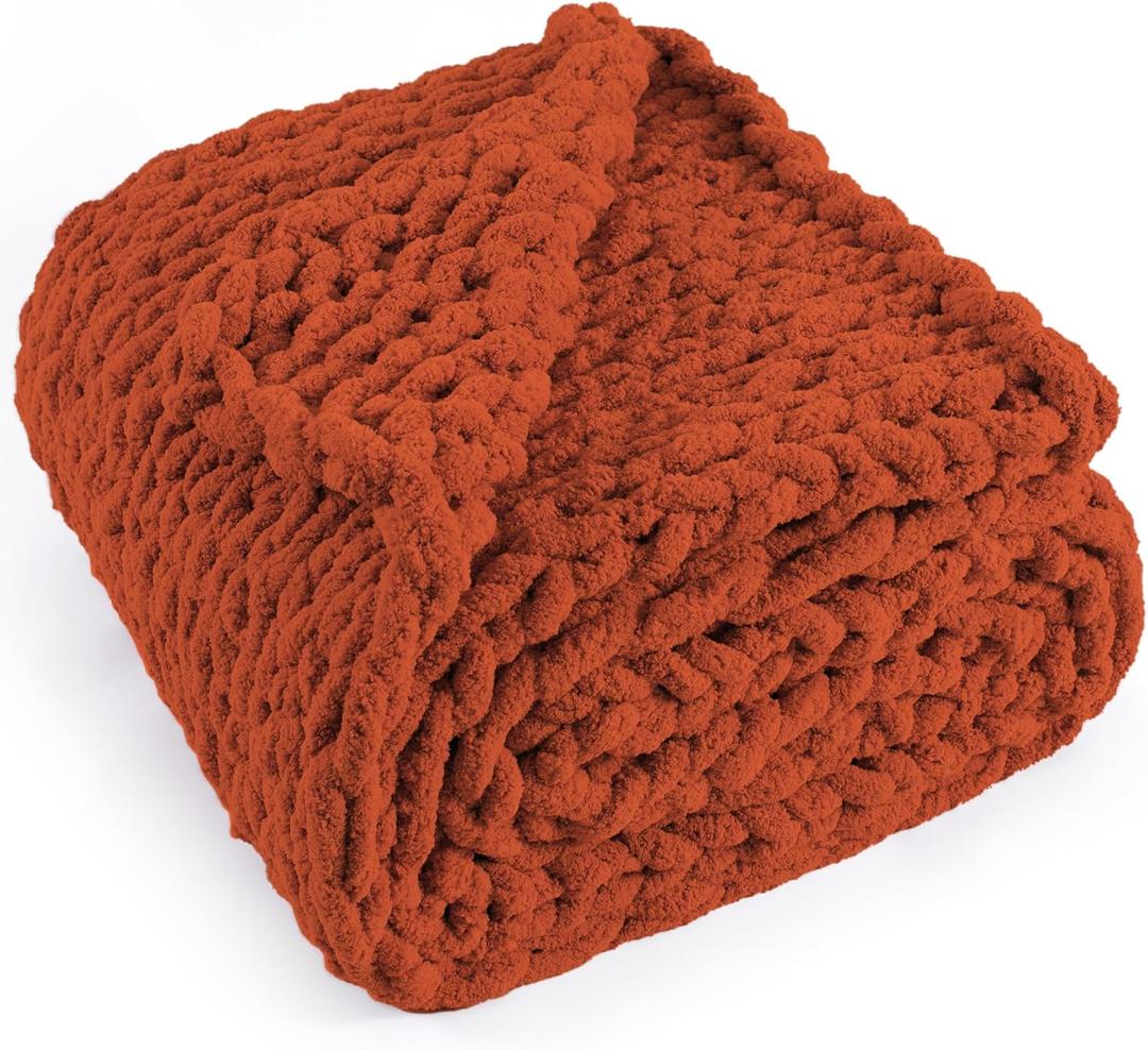Chunky Knit Throw Blanket 50"X 60", 100% Handmade with Soft Chenille Yarn, 4.4lbs Thick Cable Knitted Blankets, Large Rope Knot Crochet Throws for Couch Sofa Bed Home Decor, Rust