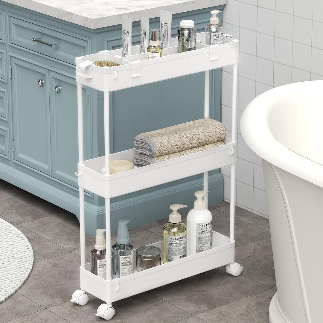 SPACELEAD Slim Storage Cart 3 Tier, Bathroom Organizer Rolling Utility, Mobile Shelving Unit Slide Out for Office, Kitchen, Laundry Room & Narrow Places, White