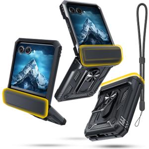 Janmitta Case for Moto Razr 2024/2025/2026,Razr+ Plus 2024/2025/2026 with Lanyard+Hinge Protection+Finger Ring Holder Kickstand,Dual-Layer Full Body Protective Shockproof Phone Cover,Black