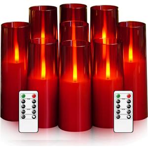 Flickering Flameless Candles 9 Pcs, Battery Operated Candles with Remote Timer, Realistic Pillar LED Candles for Home Decor (Red)
