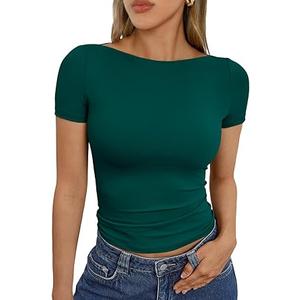 Womens Boat Neck Short Sleeve T-Shirts Fitted Compression Summer Y2k Basic Tops 2026 Spring Outfits Clothes Dark Green Large