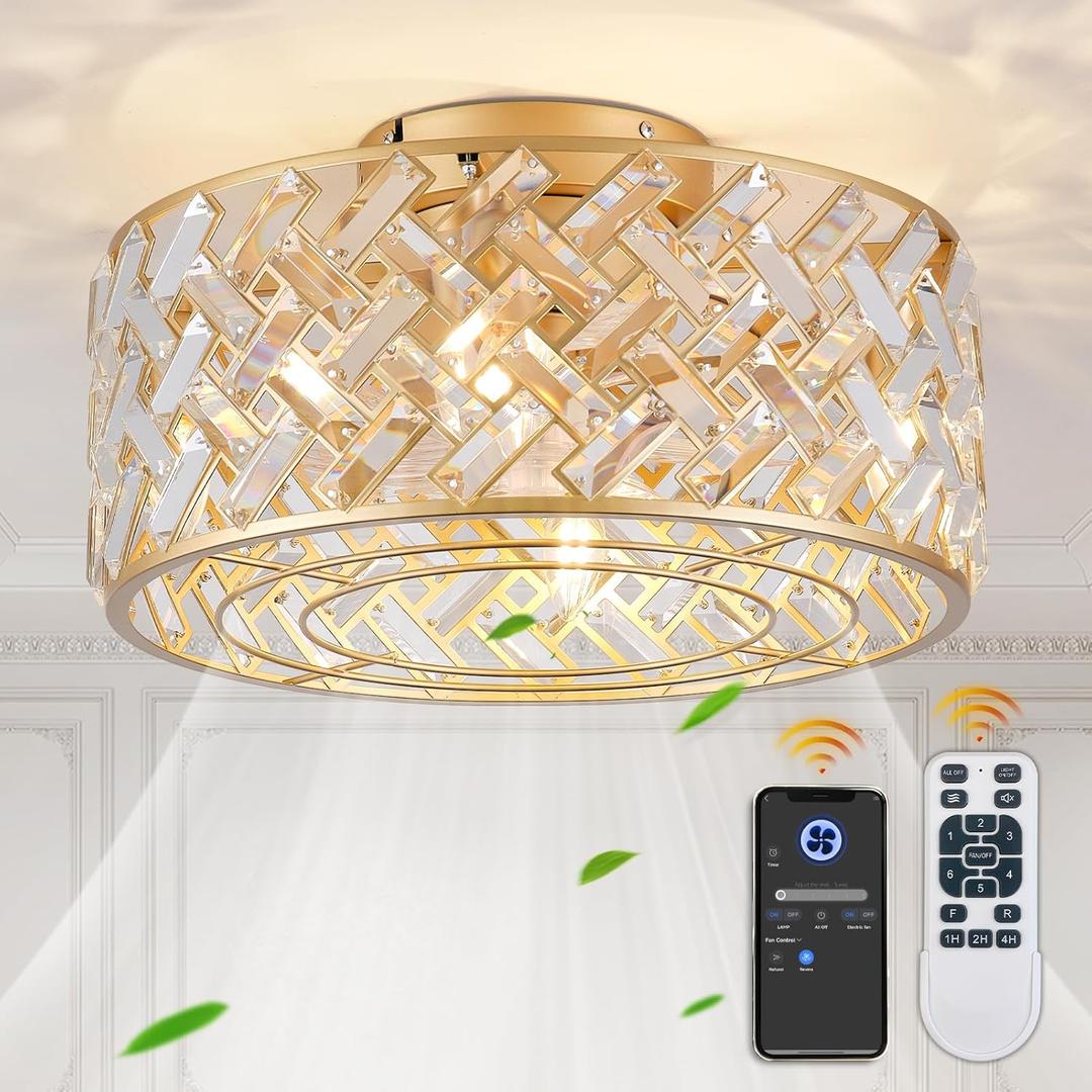 18 Inch Caged Ceiling Fan with Light, Low Profile Crystal Fandelier Ceiling Fan with Lights and Remote & App Control for Low Ceilings Flush Mount Installation Indoor, Bulb Included Gold