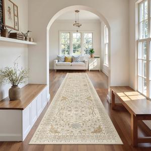 Madane Hallway Runner Rug 2'6''x12', Non Slip Vintage 12ft Runners for Hallways Washable Kitchen Rugs Soft Low Pile 2.5x12 ft Rug Runner for Laundry Room, Entryway and Bedroom, Beige/Blue