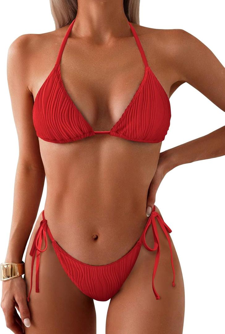ZAFUL Textuerd Halter Bikini for Women 2 Piece Triangle Bikini Sets Sexy High Cut Bathing Suit Side Tie Swimsuits (Small, 0-wave-red)