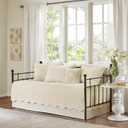 Madison Park Daybed Cover Set Damask Quilted Cover for Daybeds, All Season, Pre-washed Cotton-Filled Coastal Bedding with Scallop Edge, Shams, Bedskirt, Dcor Pillows, Tuscany, Cream, 39"x75", 6 Piece, 75"x39"