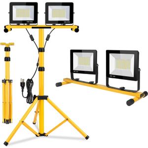 22000 Lumen Work Lights with Stand, 2 Adjustable Head LED Work Light, with Adjustable and Foldable Tripod Stand, Waterproof Lamp with Individual Switch with 6500 Kelvin Color (2-head) (Yellow)