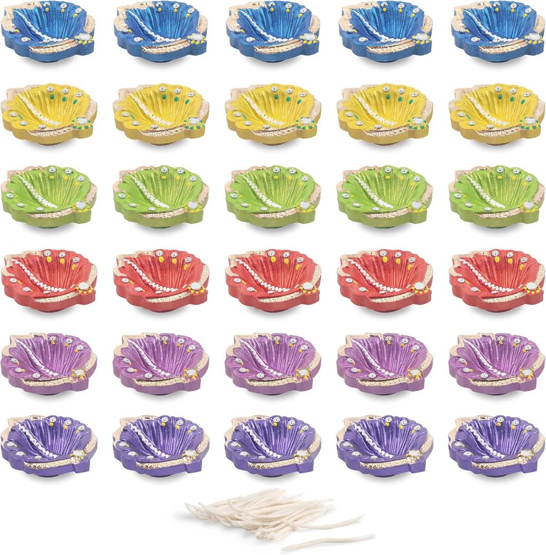 30 Pcs Elegant Hand Painted Diwali Clay Diya with Cotton Wicks Deepavali Tea Light Holder Oil Lamp Indian Festive Home Decoration Traditional Temple Pooja Laxmi Puja Diyas Christmas Gift