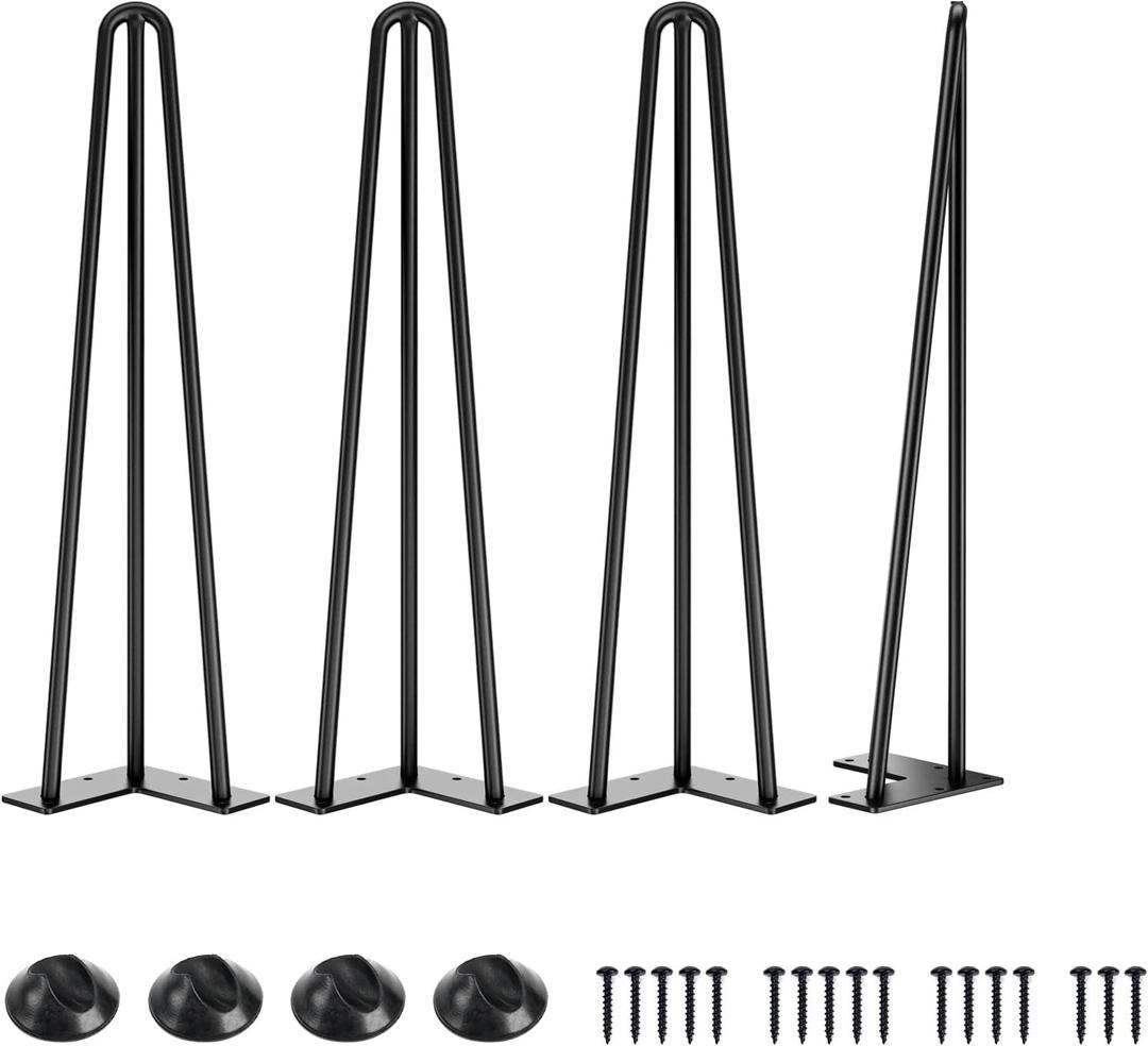 SMARTSTANDARD Hairpin Table Legs 20 Inch, 1/2'' in Diameter 3 Rods, Metal Home DIY Projects for Nightstand, Coffee Table, Dresser with Rubber Floor Protectors, Black, 4PCS
